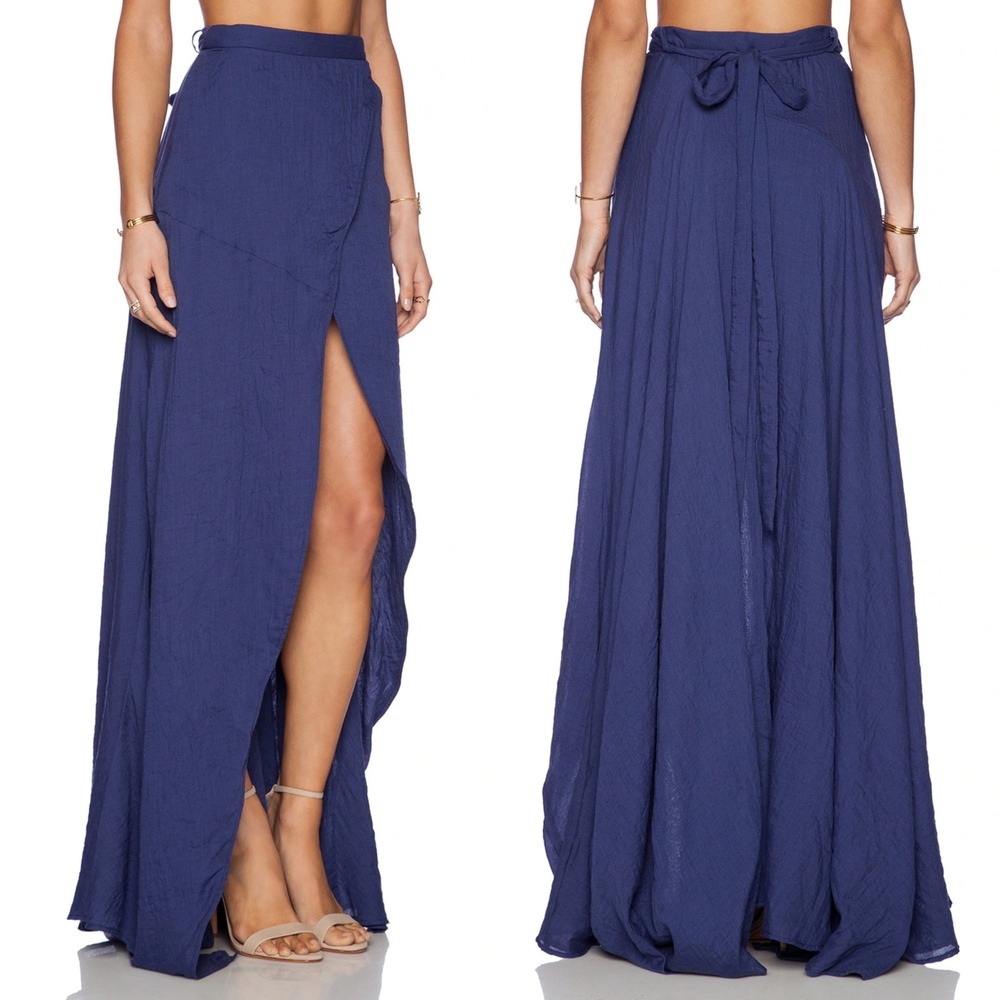 The Jetset Diaries Womens Her Allies Maxi Wrap Skirt Size Small Navy Blue Slit